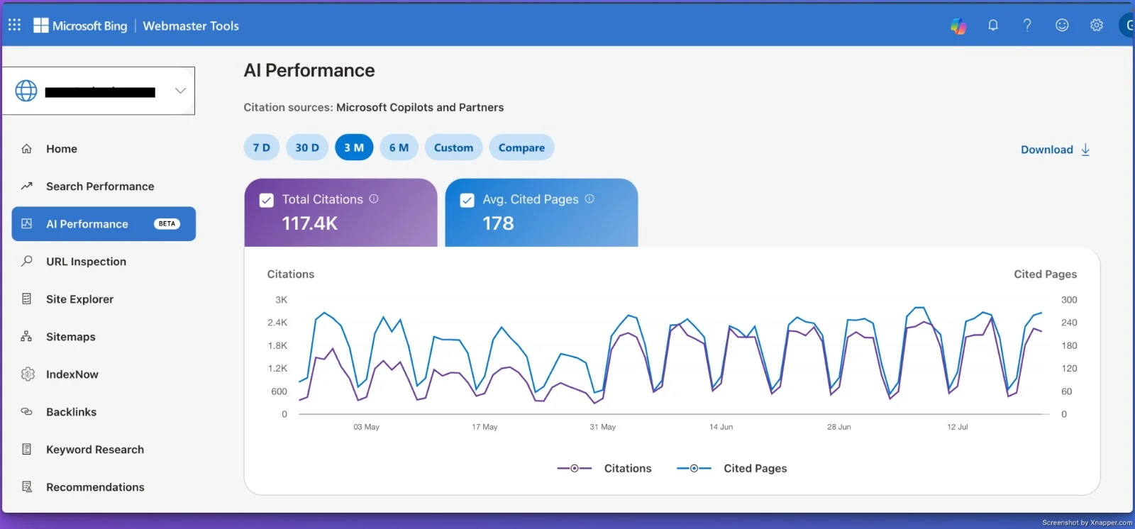 Bing AI Performance dashboard showing 117.4K Microsoft Copilot citations and 178 average cited pages over 3 months for a tech product site